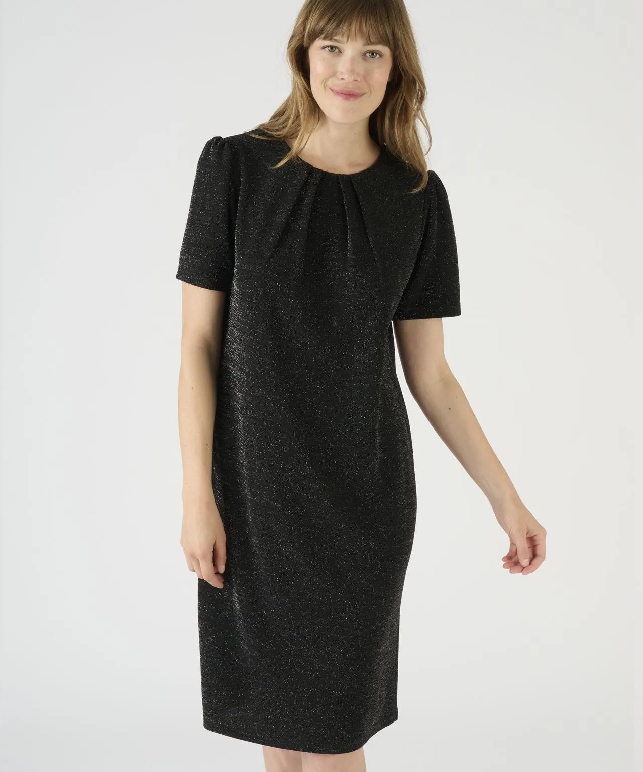 Short Sleeved Gathered Neck Slinky Dress