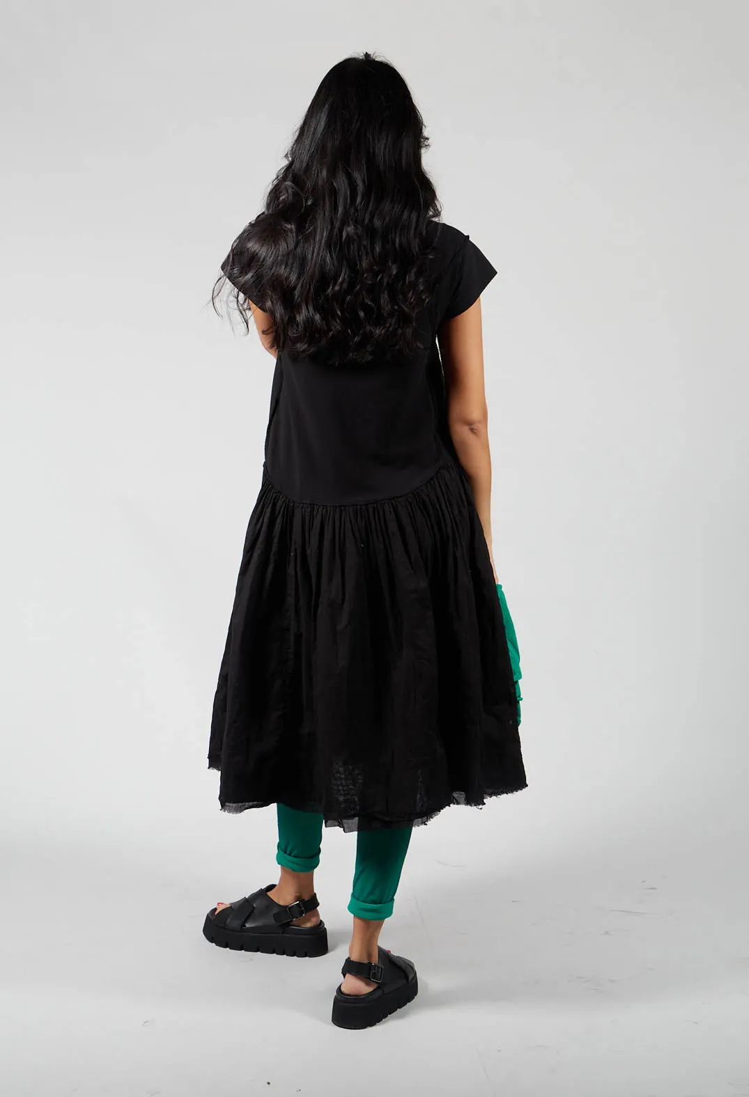 Short Sleeved Jersey Dress with Gathered Waist in Black