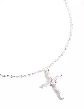 Silver Classic Diamante Cross Necklace