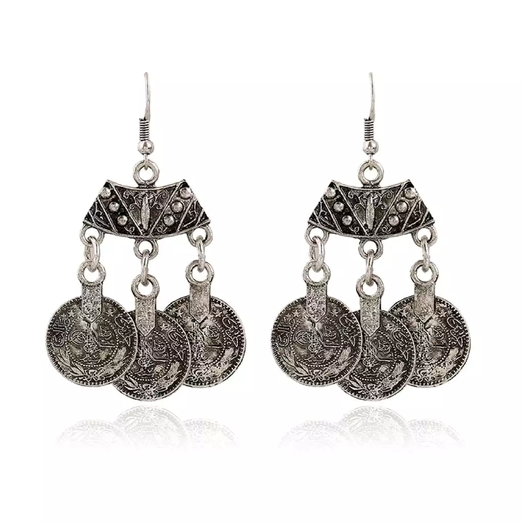 Silver Coin Dangle Boho Earrings