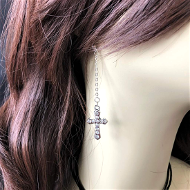 Silver Crystal Cross Long Dangle Earrings