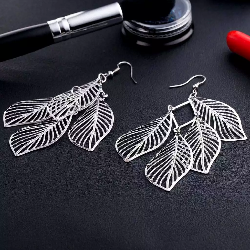 Silver Cut Out Leaf Long Dangle Earrings