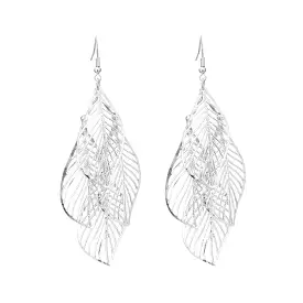 Silver Cut Out Leaf Long Dangle Earrings