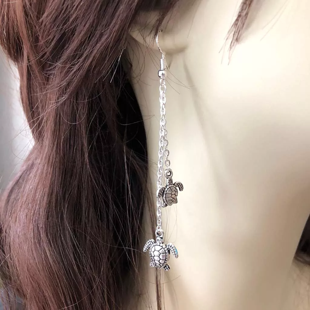 Silver Double Turtle Long Dangle Earrings