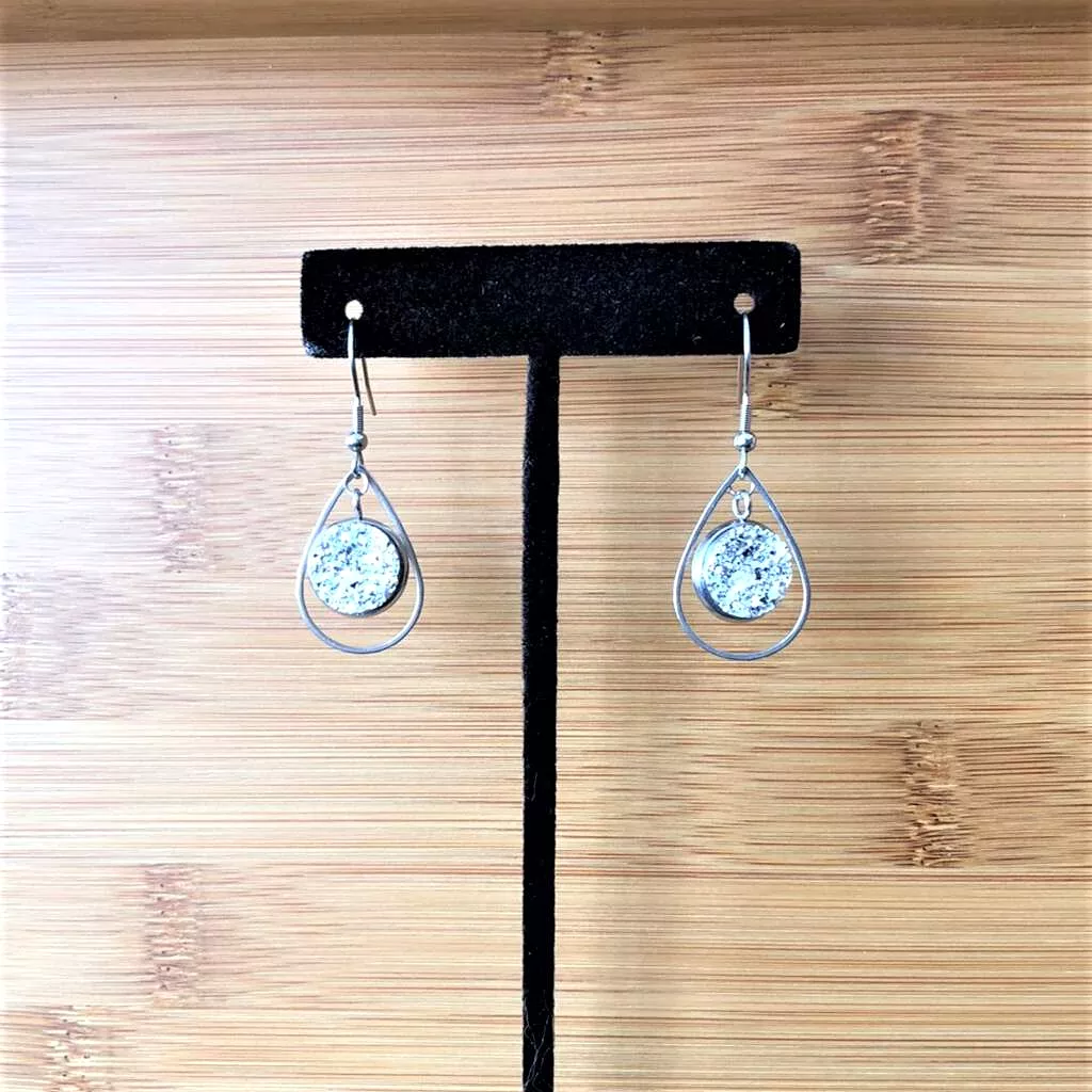 Silver Druzy Teardrop Dangle Earrings