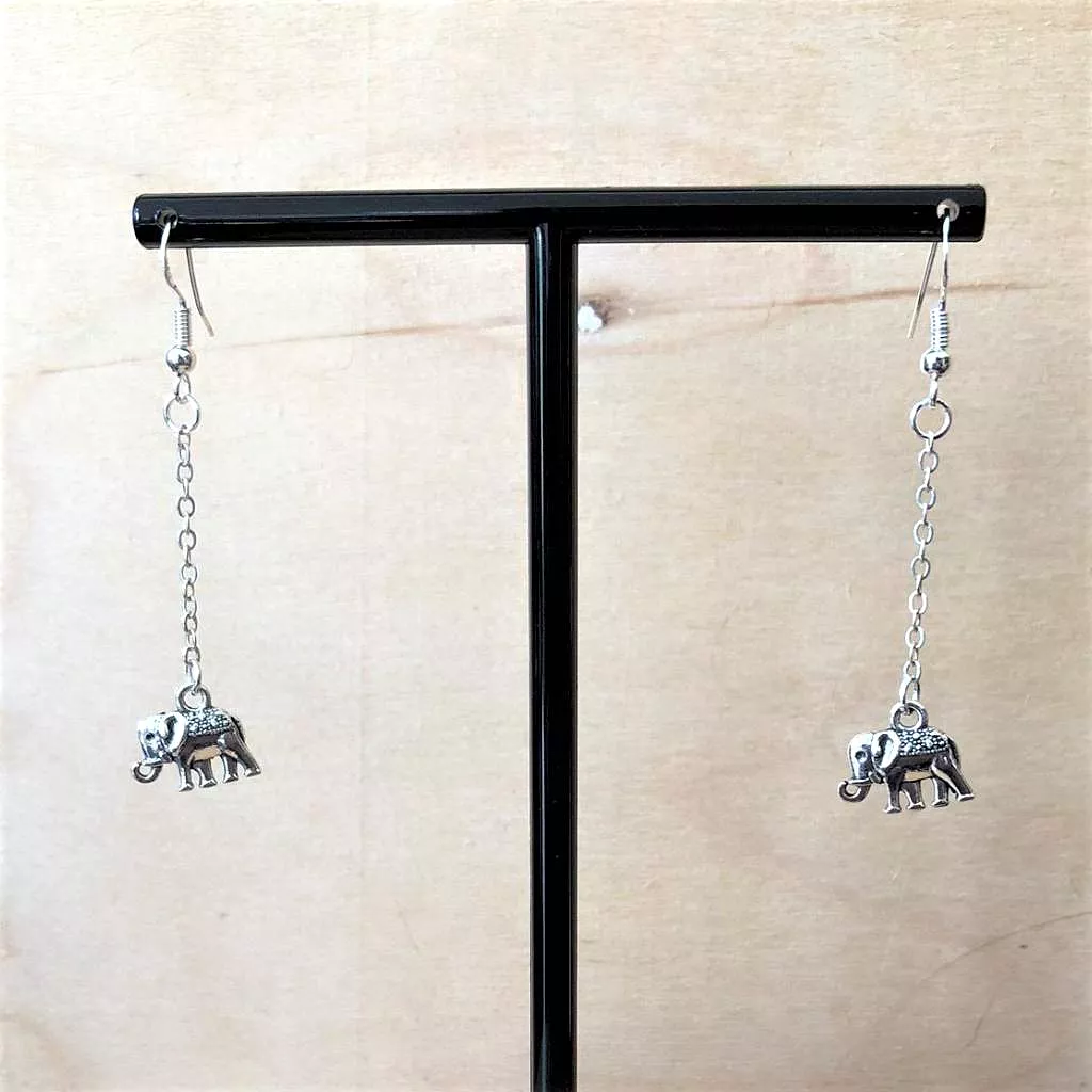 Silver Elephant Long Dangle Earrings