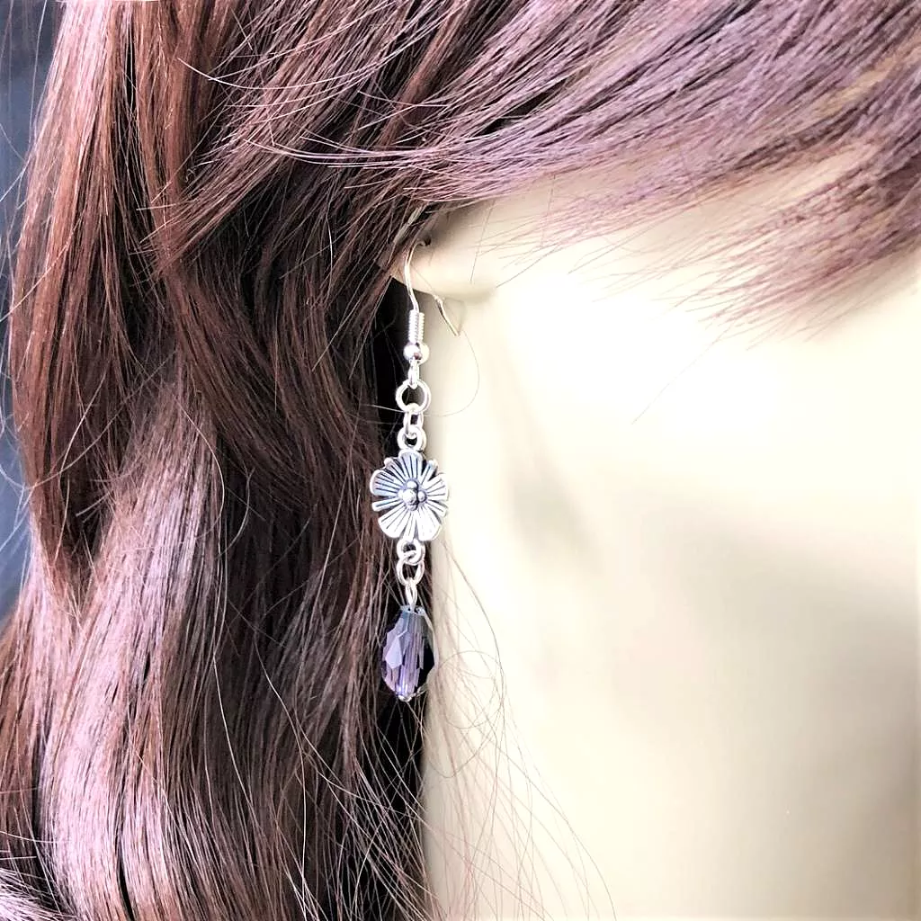 Silver Flower With Colored Crystal Teardrop Earrings