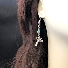 Silver Frog and Turquoise Stone Dangle Earrings