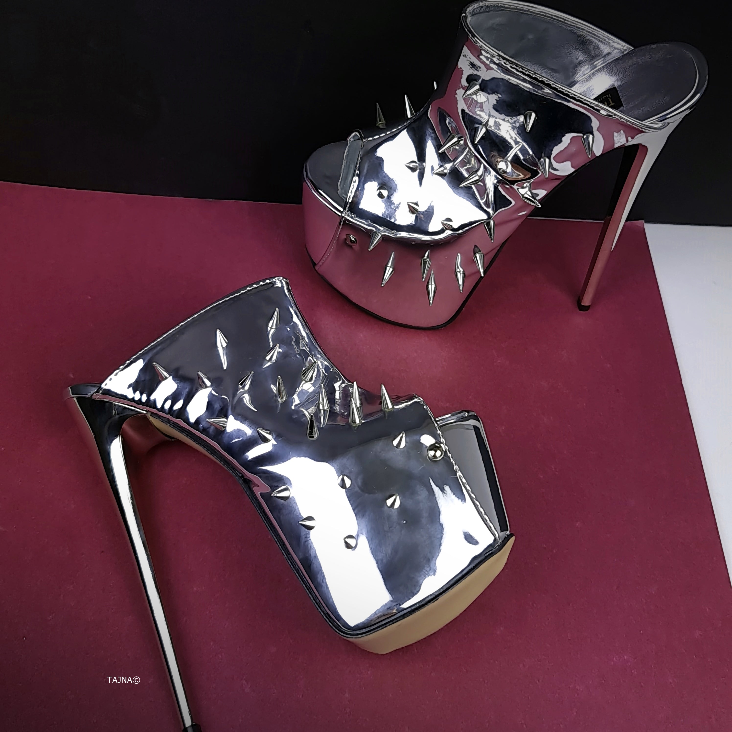 Silver Mirror Spike Studded High Heel Mules