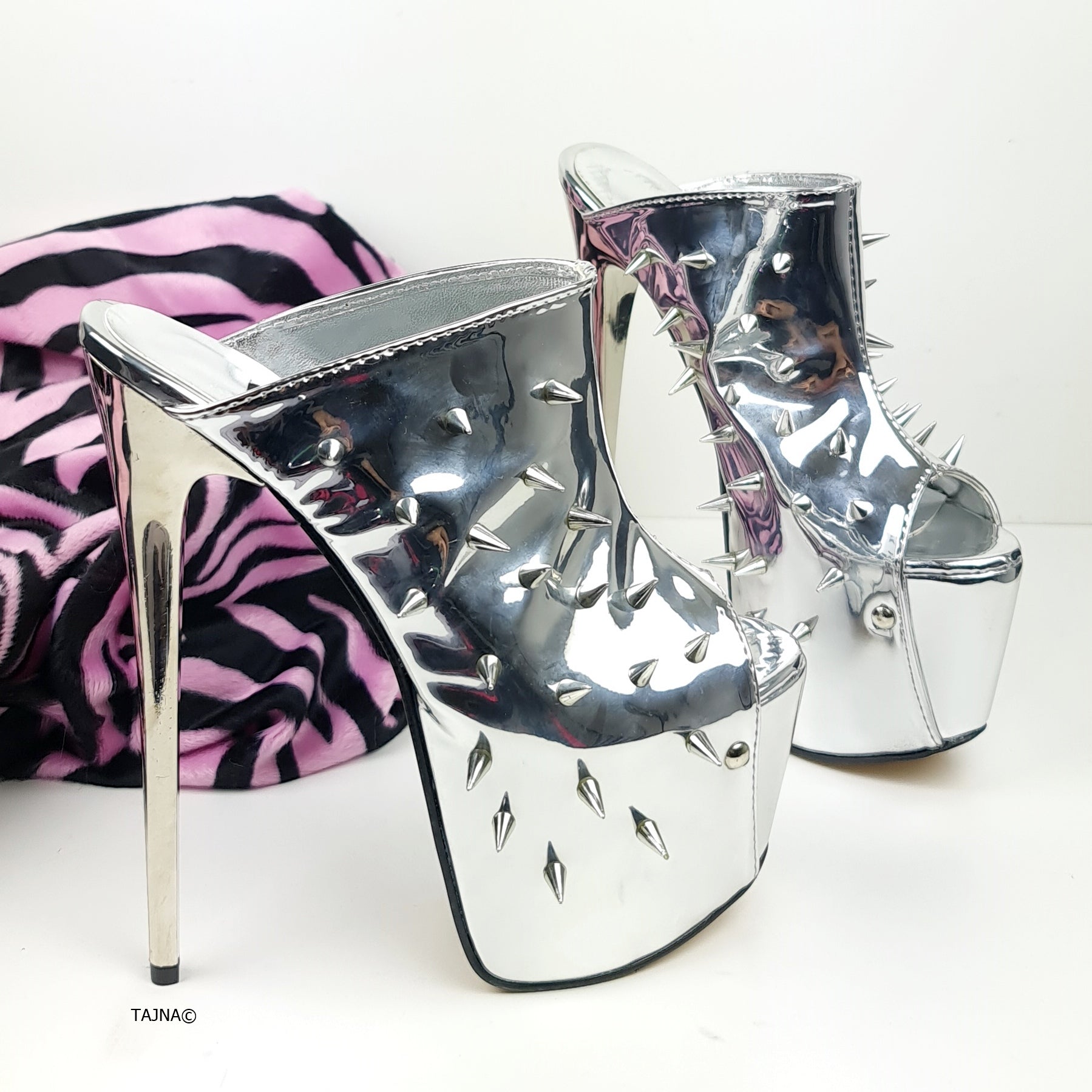 Silver Mirror Spike Studded High Heel Mules