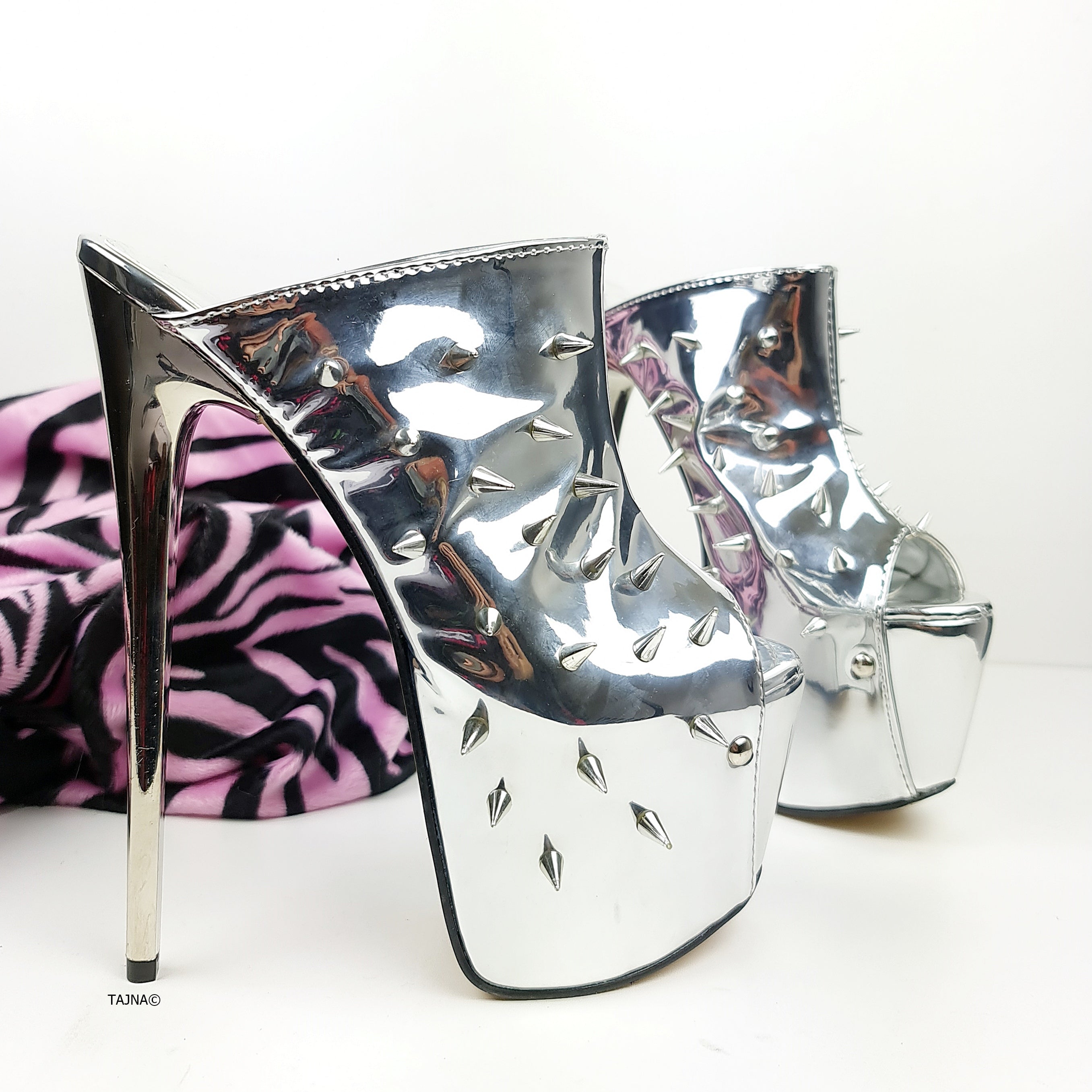 Silver Mirror Spike Studded High Heel Mules