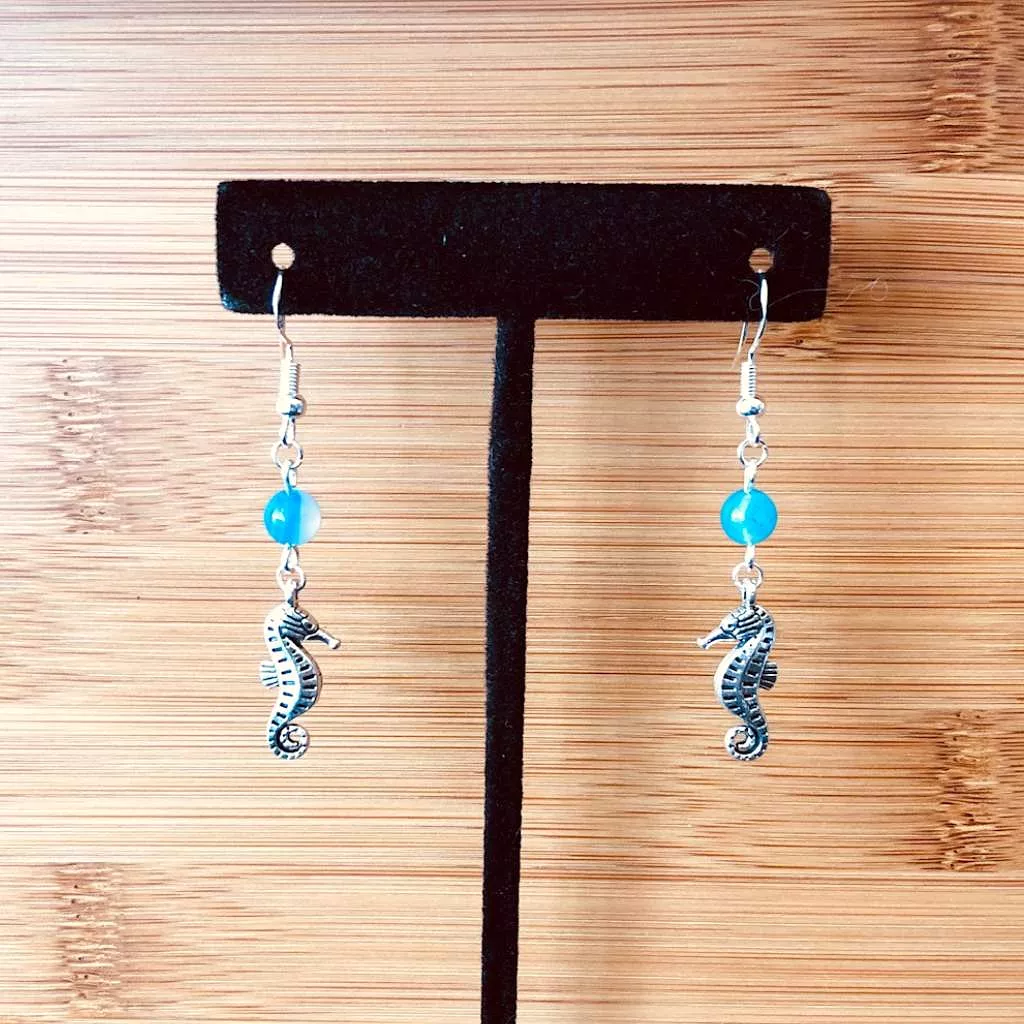 Silver Seahorse and Blue Agate Beaded Earrings