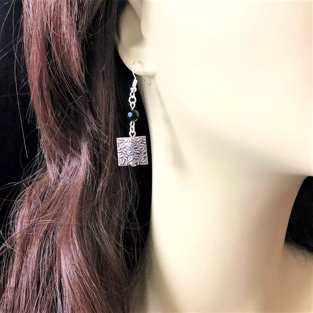 Silver Square and Black Swarovski Crystal Drop Earrings