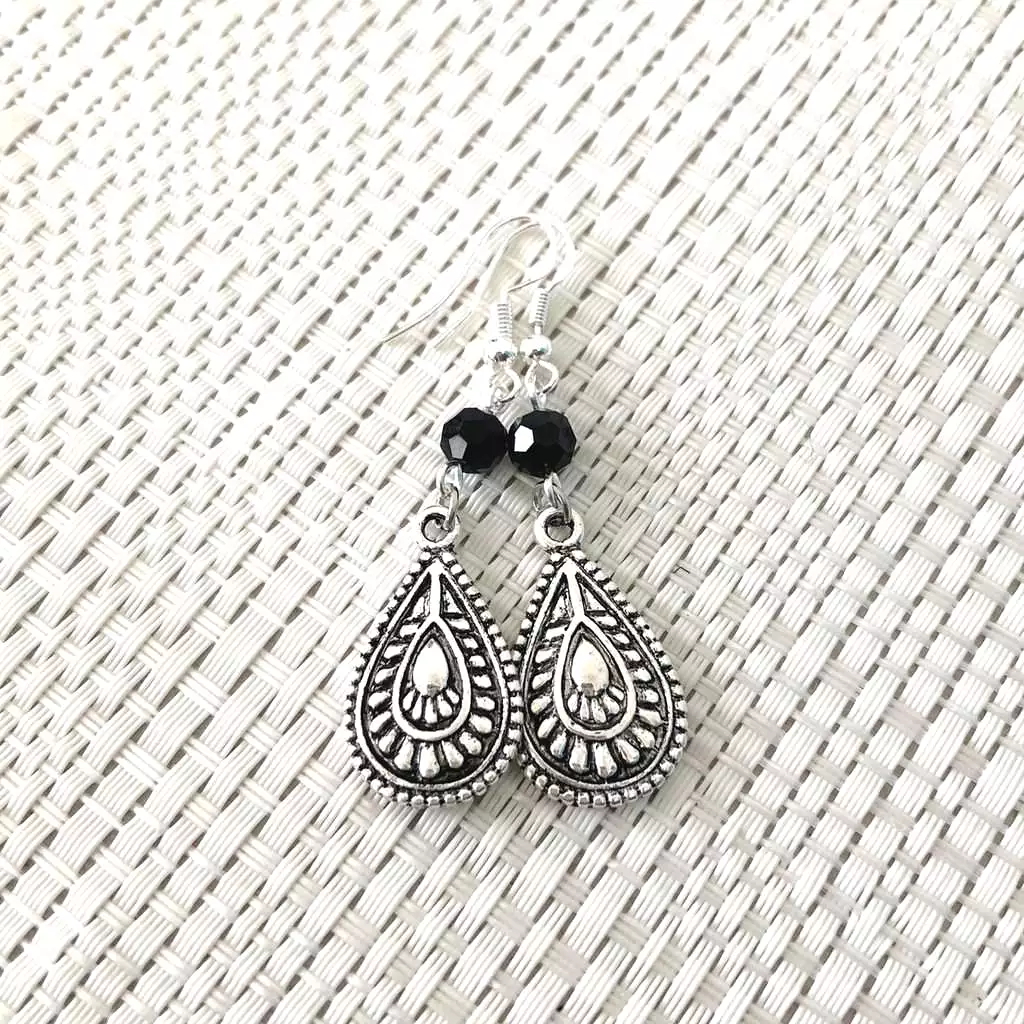 Silver Teardrop and Black Crystal Drop Earrings