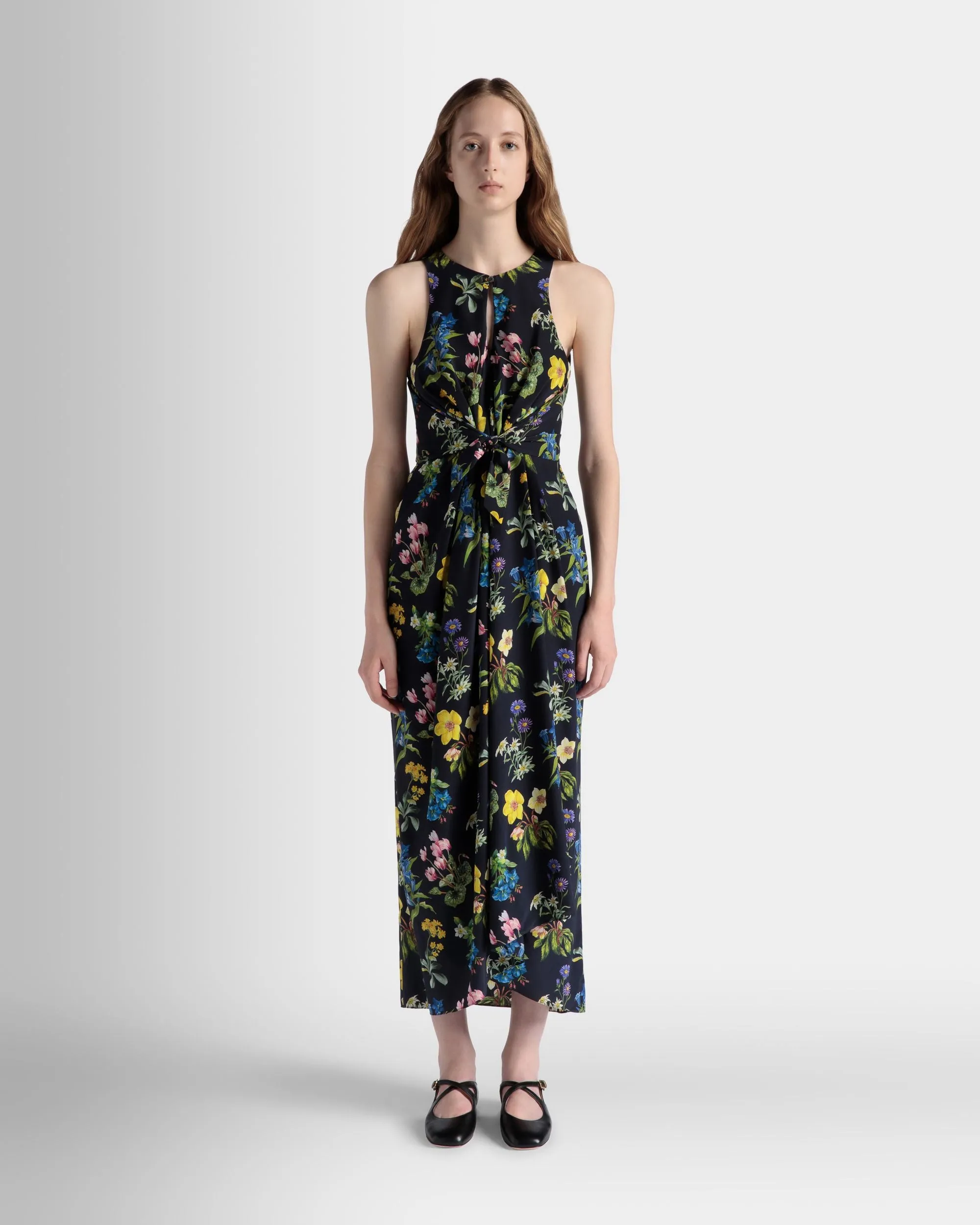 Sleeveless Midi Dress In Mountain Flower Print Silk 