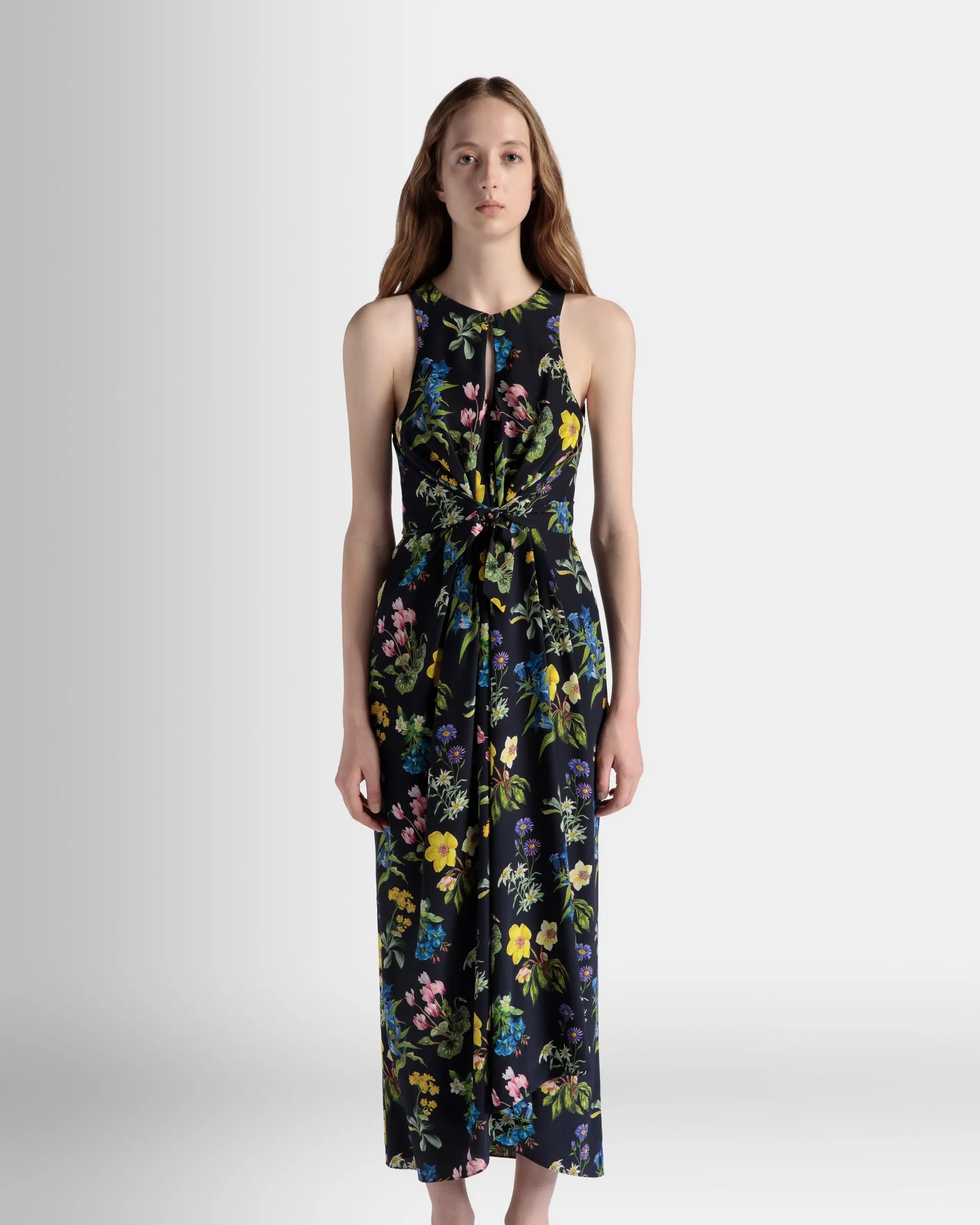 Sleeveless Midi Dress In Mountain Flower Print Silk 