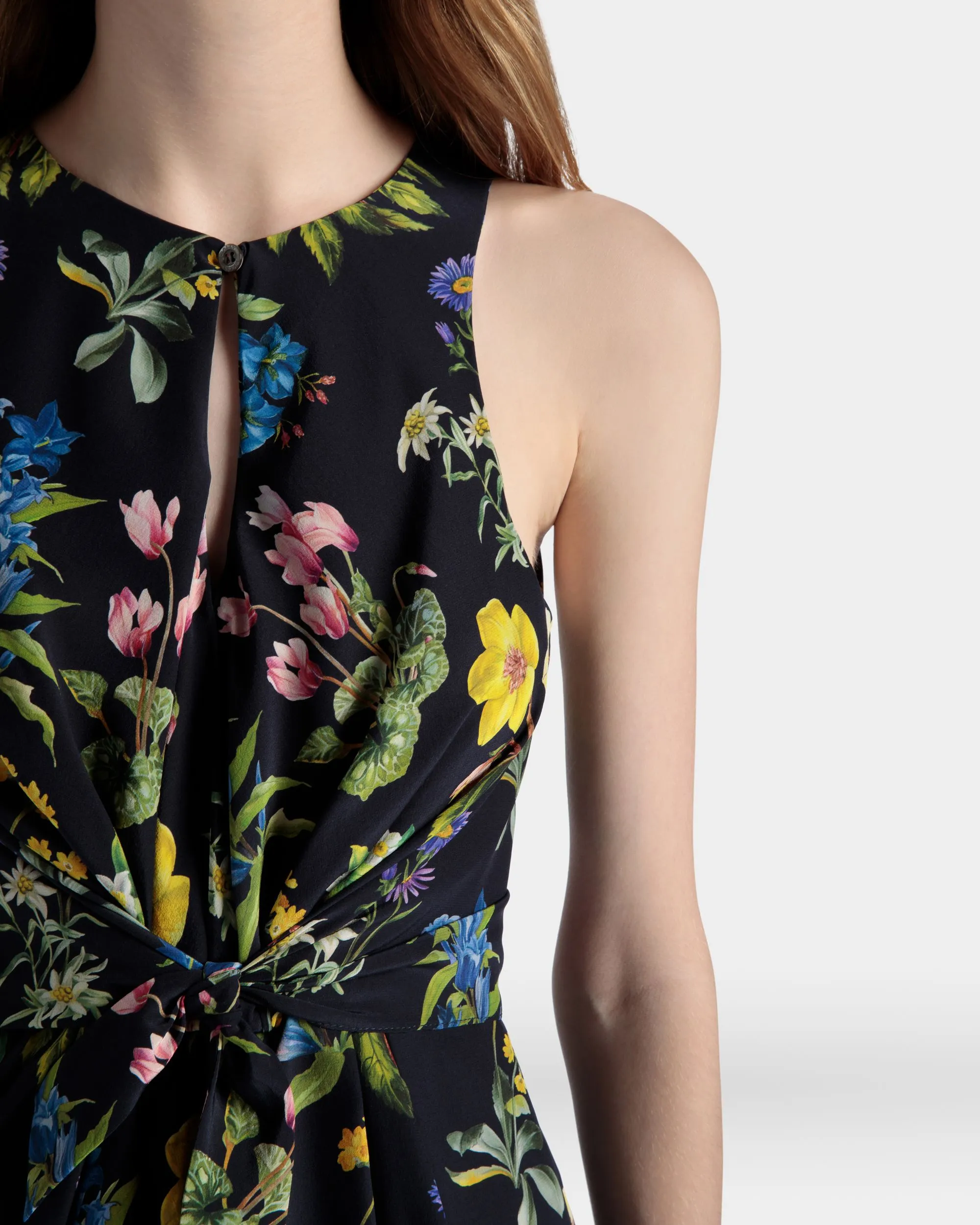 Sleeveless Midi Dress In Mountain Flower Print Silk 