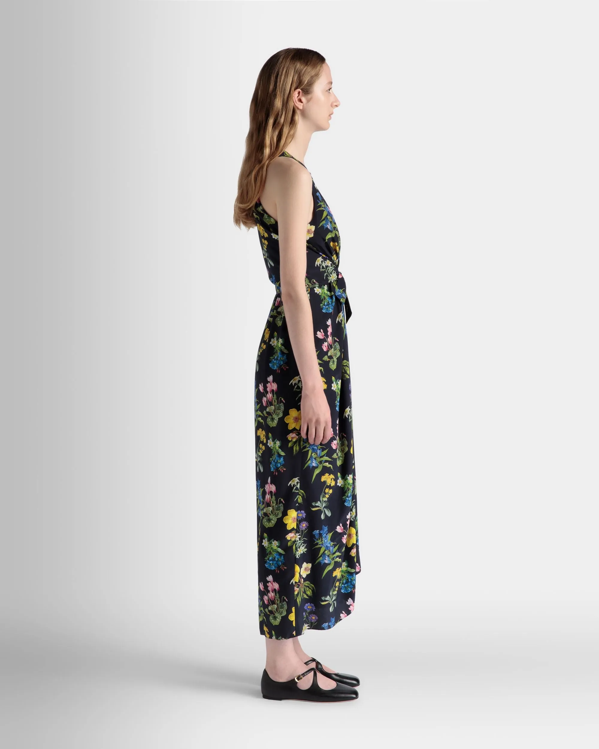 Sleeveless Midi Dress In Mountain Flower Print Silk 