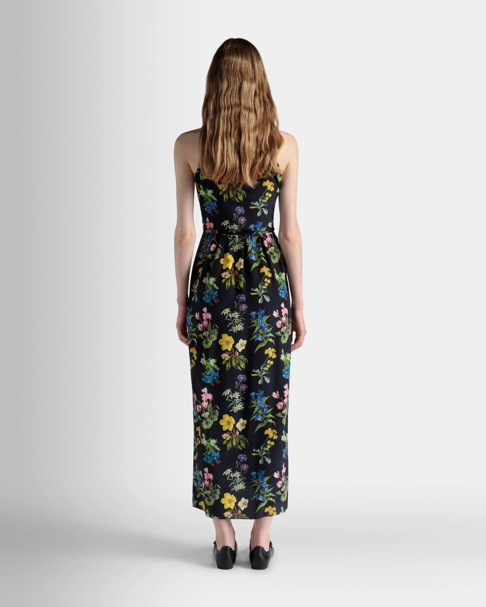 Sleeveless Midi Dress In Mountain Flower Print Silk 