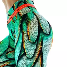 Slim fit 3D Print green dragonfly leggings for fitness women's