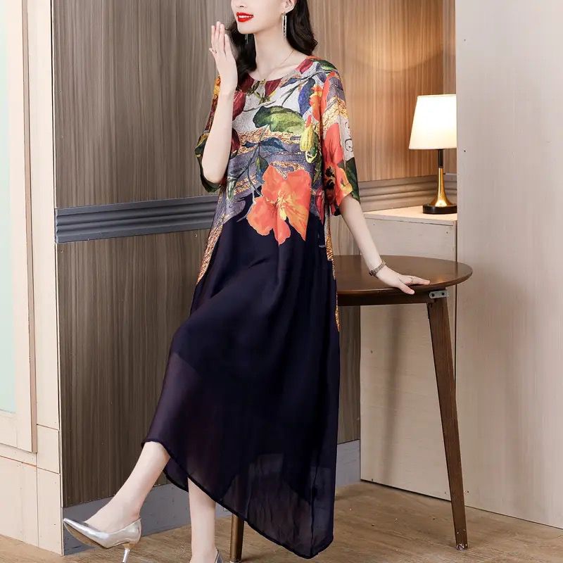 Spring and Summer Foreign Silkworm Printed Round Neck Short-Sleeved Silk Dress B-94811