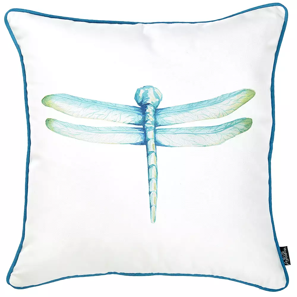 Square Aqua Blue Watercolor Dragonfly Decorative Throw Pillow Cover