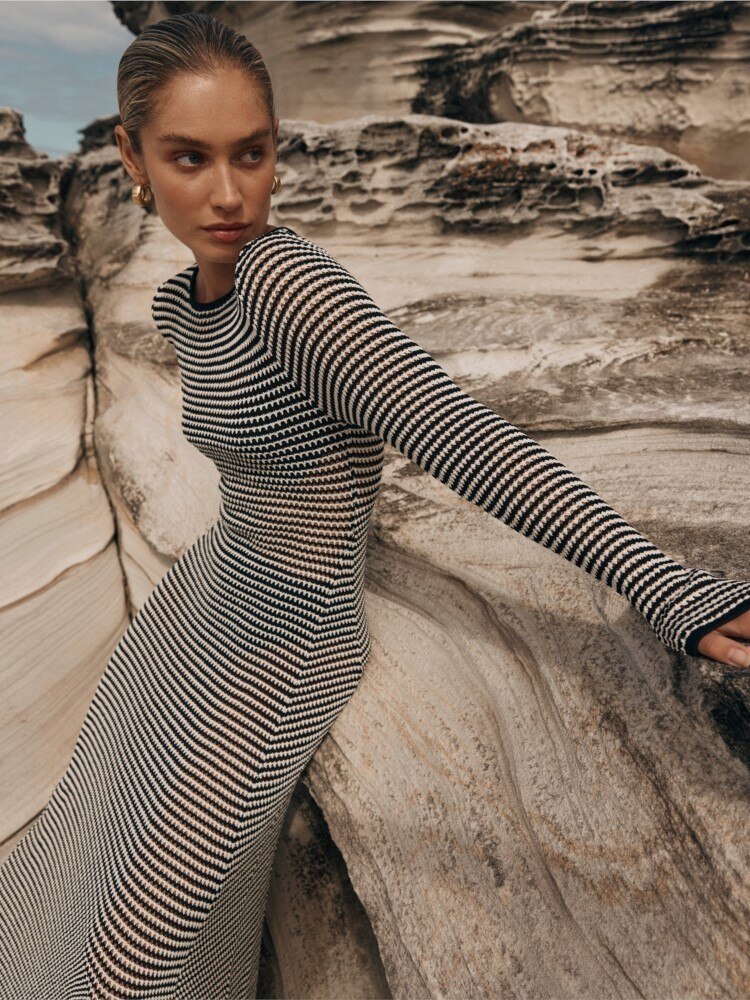 Striped Knitted Hollow Out Long-sleeved Dresses Women's See Through Cover-ups 2023 Beach Vacation