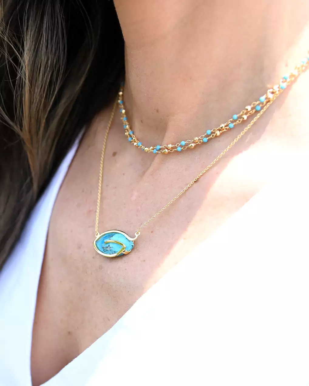 Turquoise & Golden Pyrite Long Necklace - 32