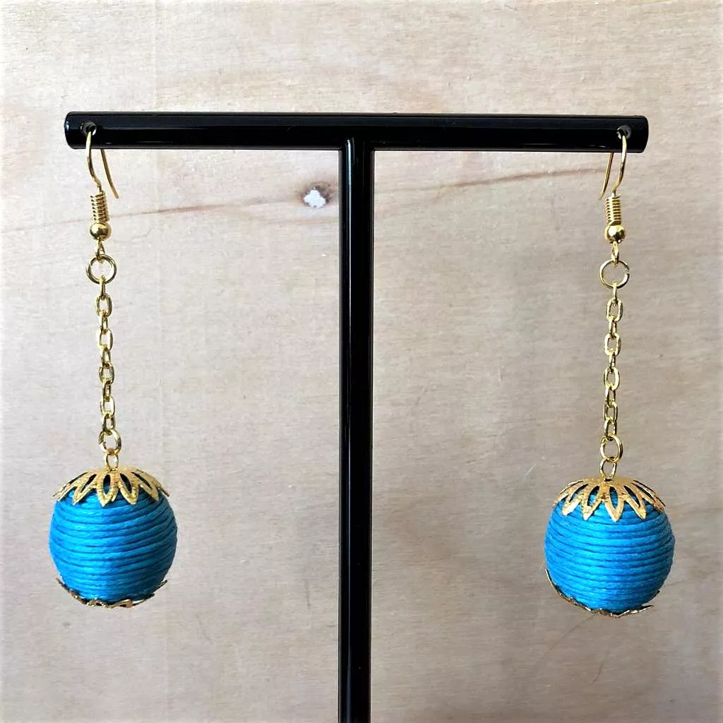 Turquoise Ball Long Gold Dangle Earrings