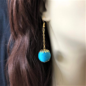 Turquoise Ball Long Gold Dangle Earrings