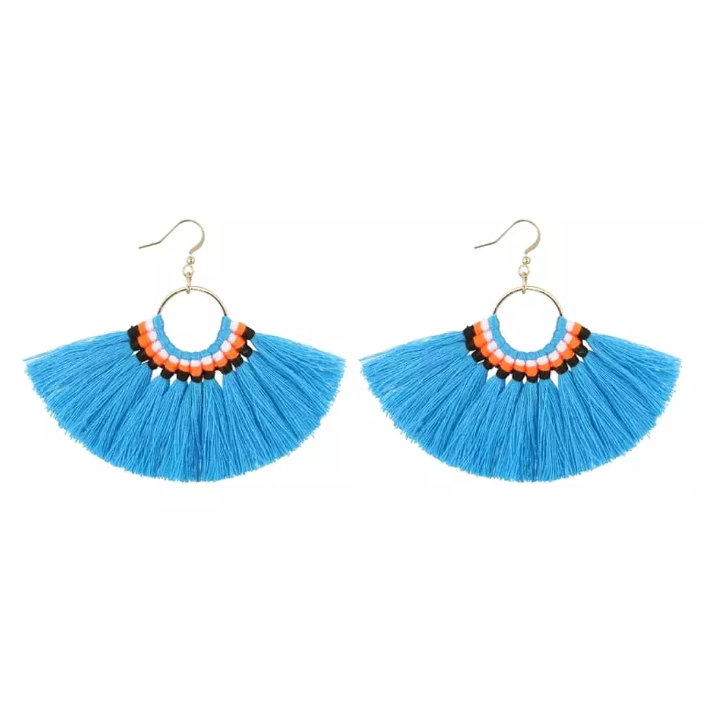 Turquoise Blue Tassel Fan Dangle Earrings