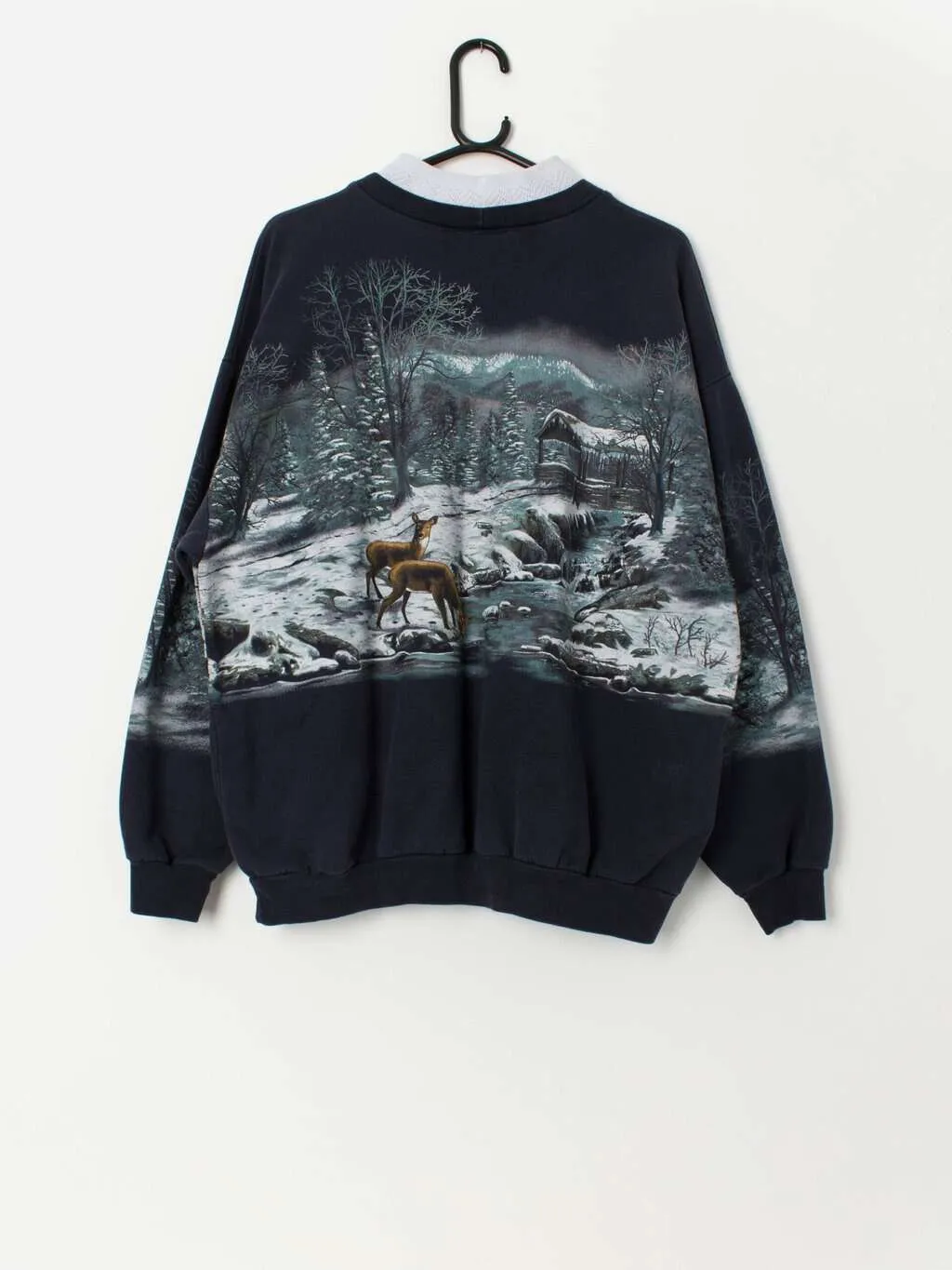 Vintage Art Unlimited winter theme collared sweatshirt with horses and deer – XL