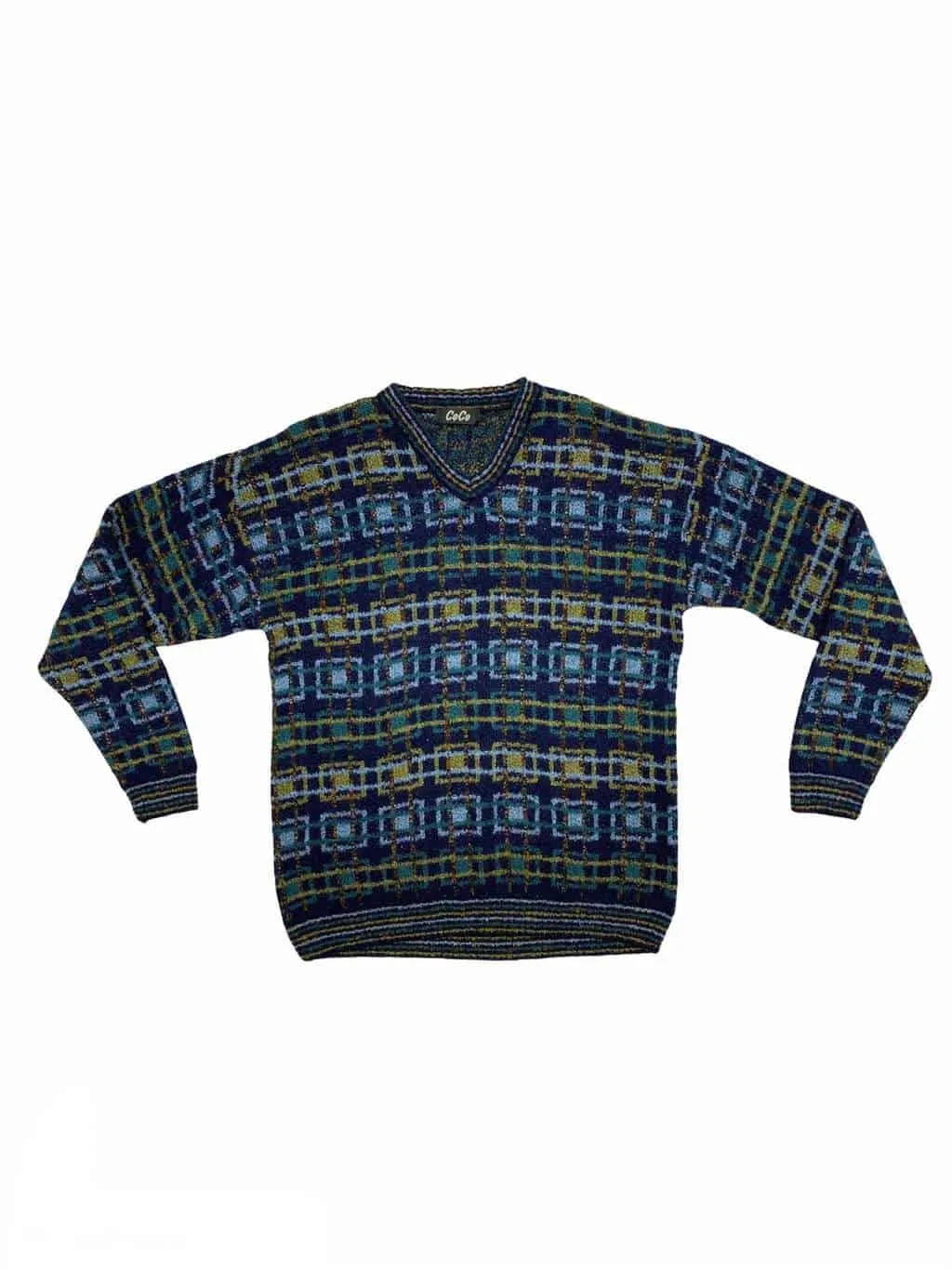 Vintage Patterned Abstract Jumper Wooly Knit V Neck Sweatshirt – XL