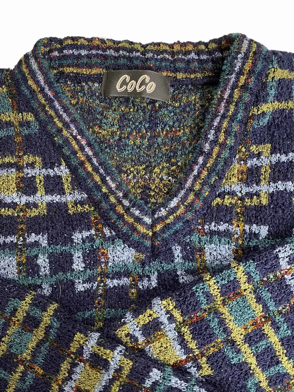 Vintage Patterned Abstract Jumper Wooly Knit V Neck Sweatshirt – XL