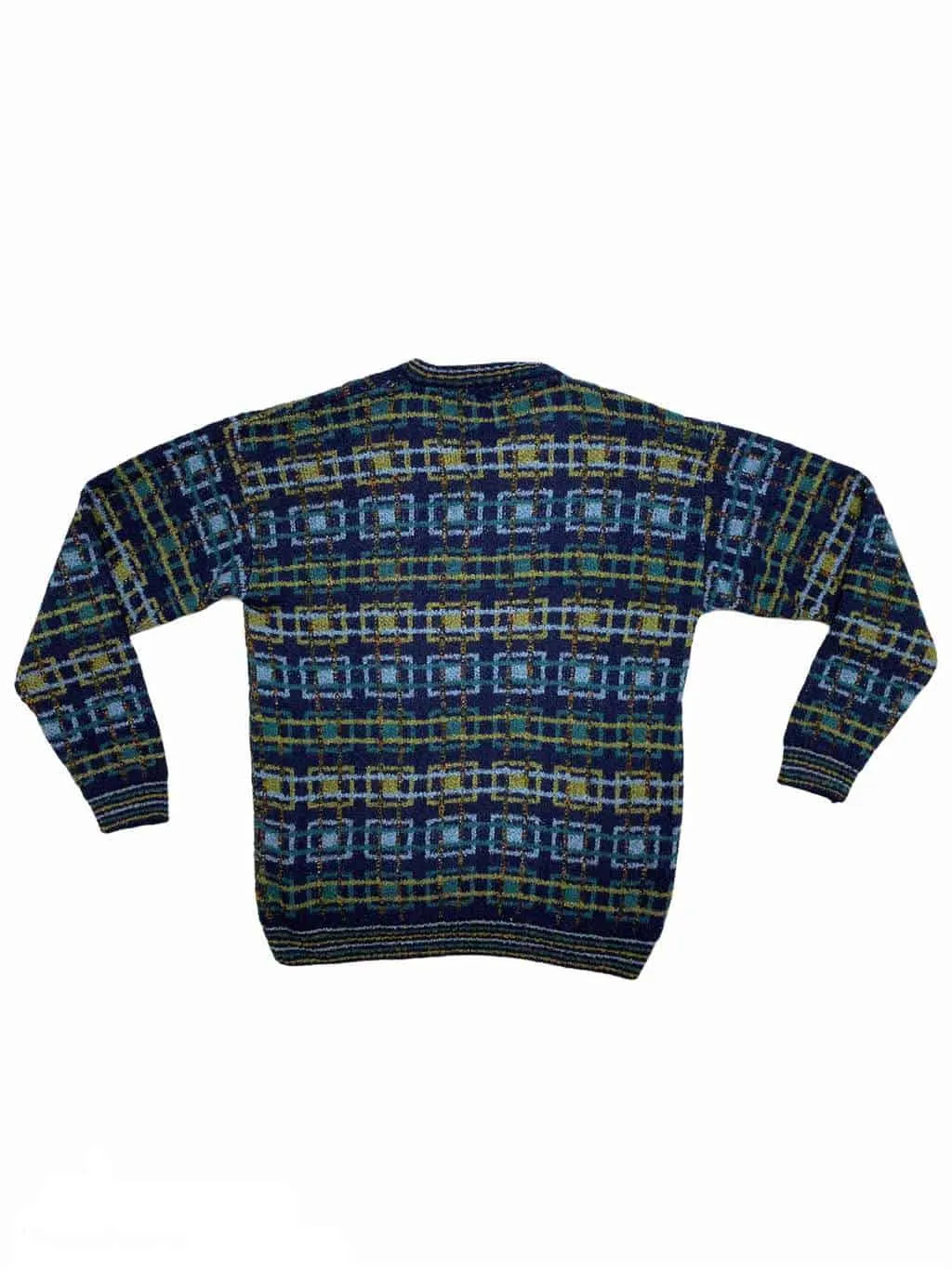 Vintage Patterned Abstract Jumper Wooly Knit V Neck Sweatshirt – XL