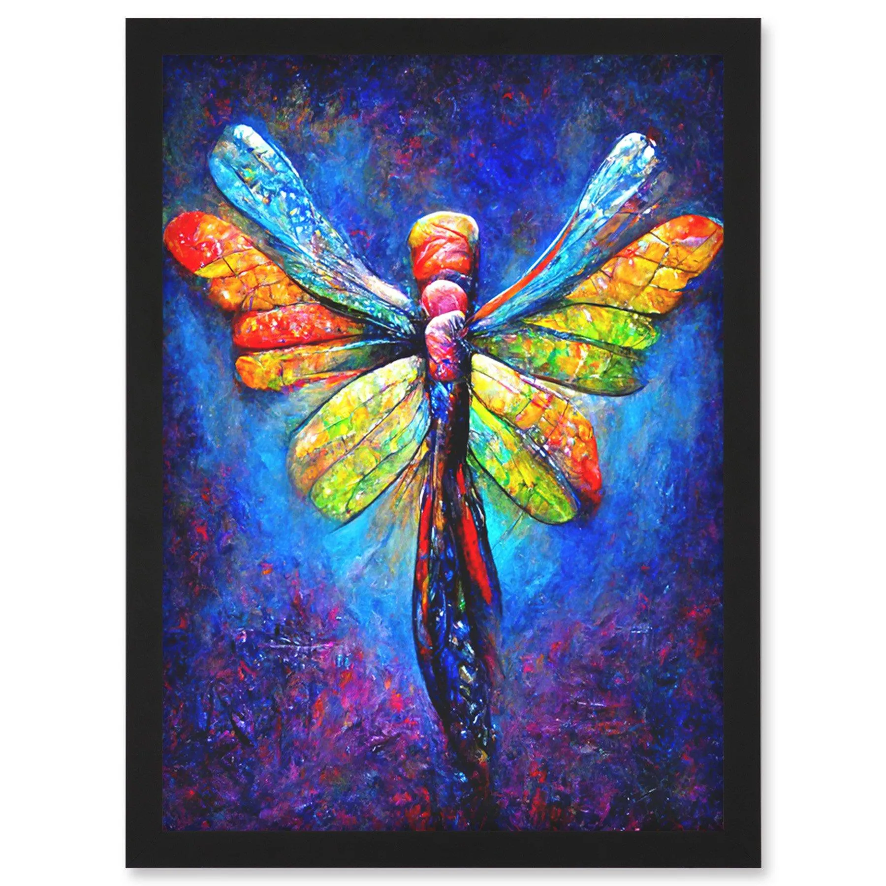 Wall Art & Pictures | Vibrant Neon Dragonfly Glowing Night Oil Painting Artwork Framed Wall Art Print A4 | Artery8