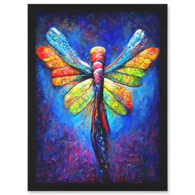 Wall Art & Pictures | Vibrant Neon Dragonfly Glowing Night Oil Painting Artwork Framed Wall Art Print A4 | Artery8