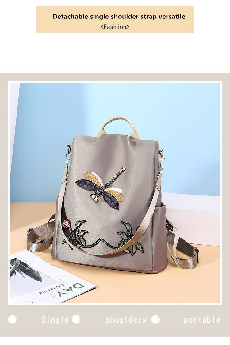 Waterproof Nylon Women Backpack Zipper Oxford School Bags For Girls Dragonfly Flower