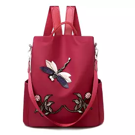 Waterproof Nylon Women Backpack Zipper Oxford School Bags For Girls Dragonfly Flower