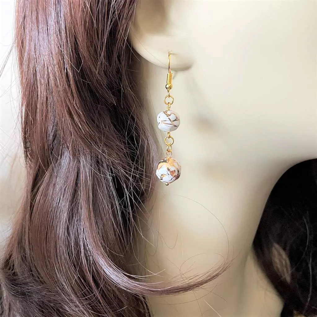 White and Gold Double Faceted Dangle Earrings