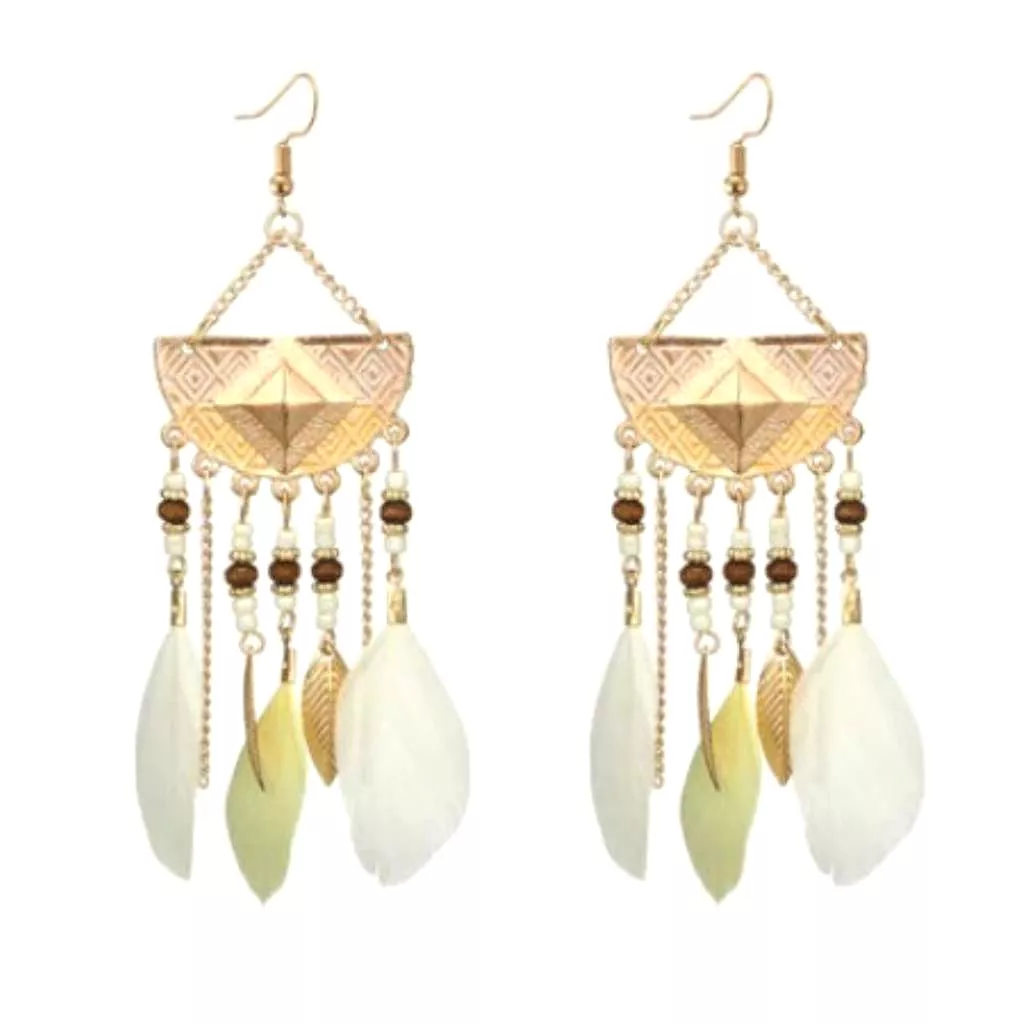 White Feather Long Gold Dangle Earrings