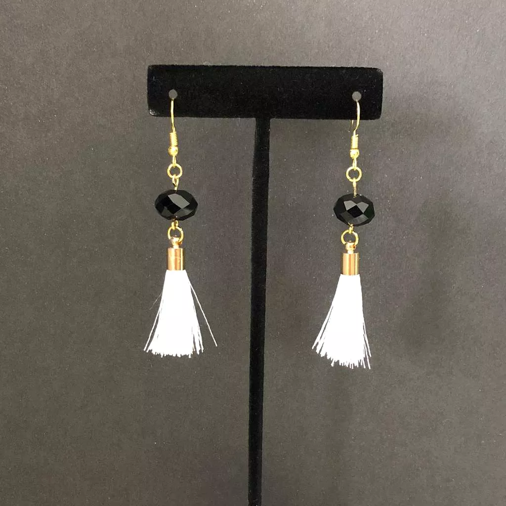 White Tassel and Black Crystal Dangle Earrings