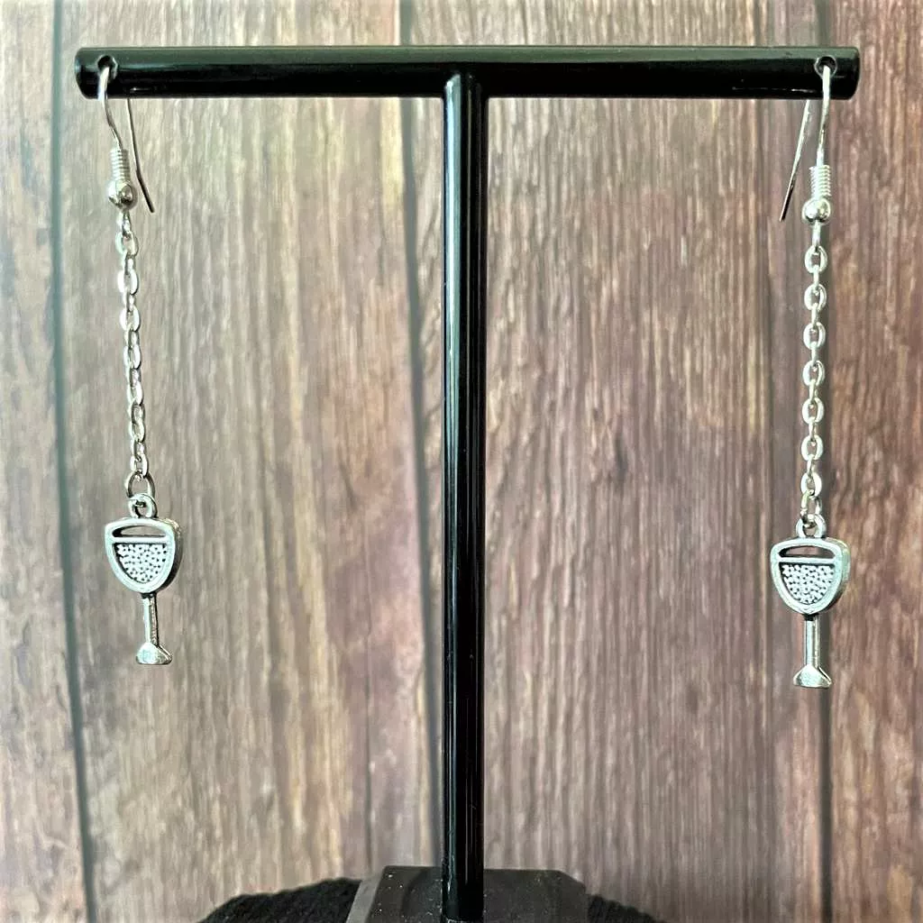 Wine Glass Silver Long Dangle Earrings