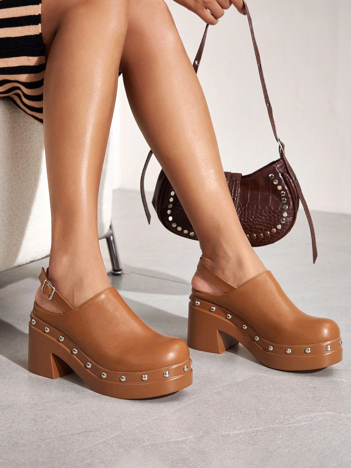 Woman Shoes Valentine Days Day Studded Detail Fashion Closed Toe Platform Brown Slingbacks