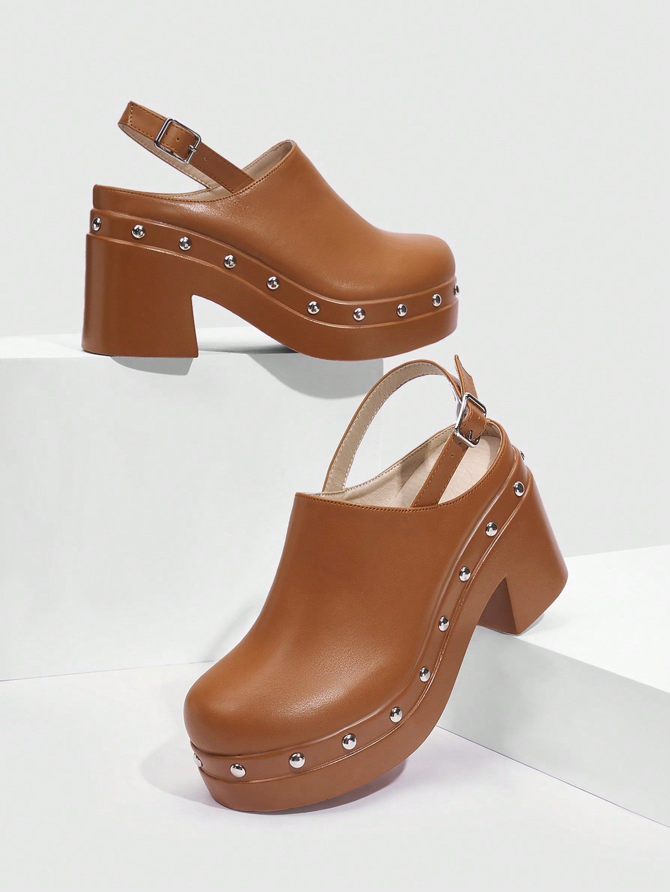 Woman Shoes Valentine Days Day Studded Detail Fashion Closed Toe Platform Brown Slingbacks