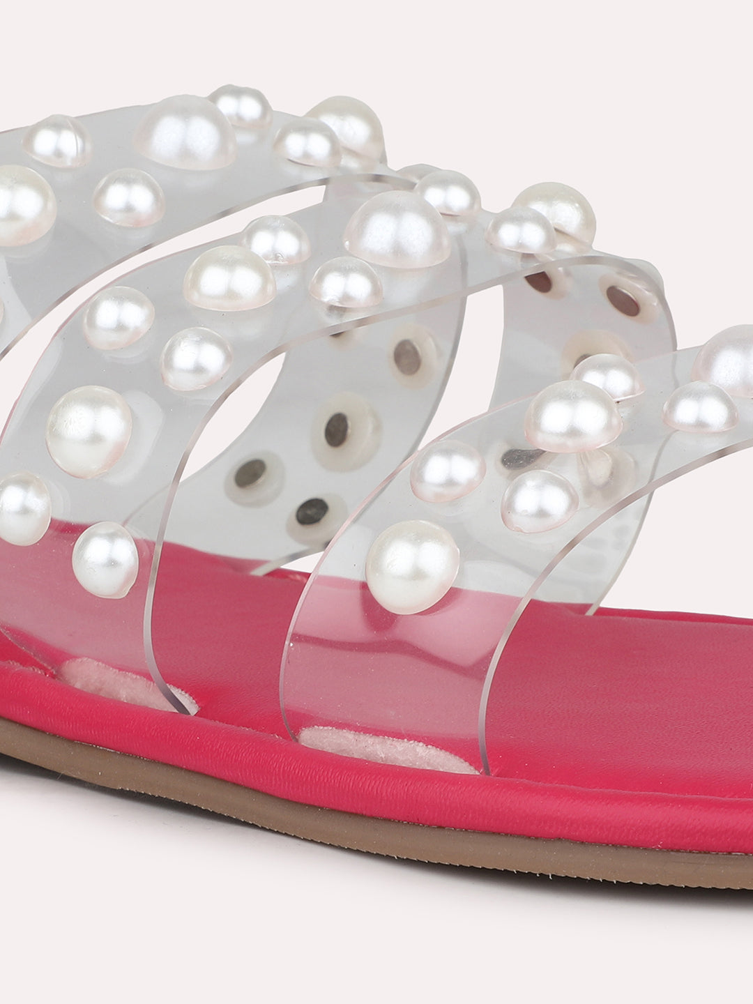 Women Pink Western Embellished Open Toe Flats with Pearl Studded