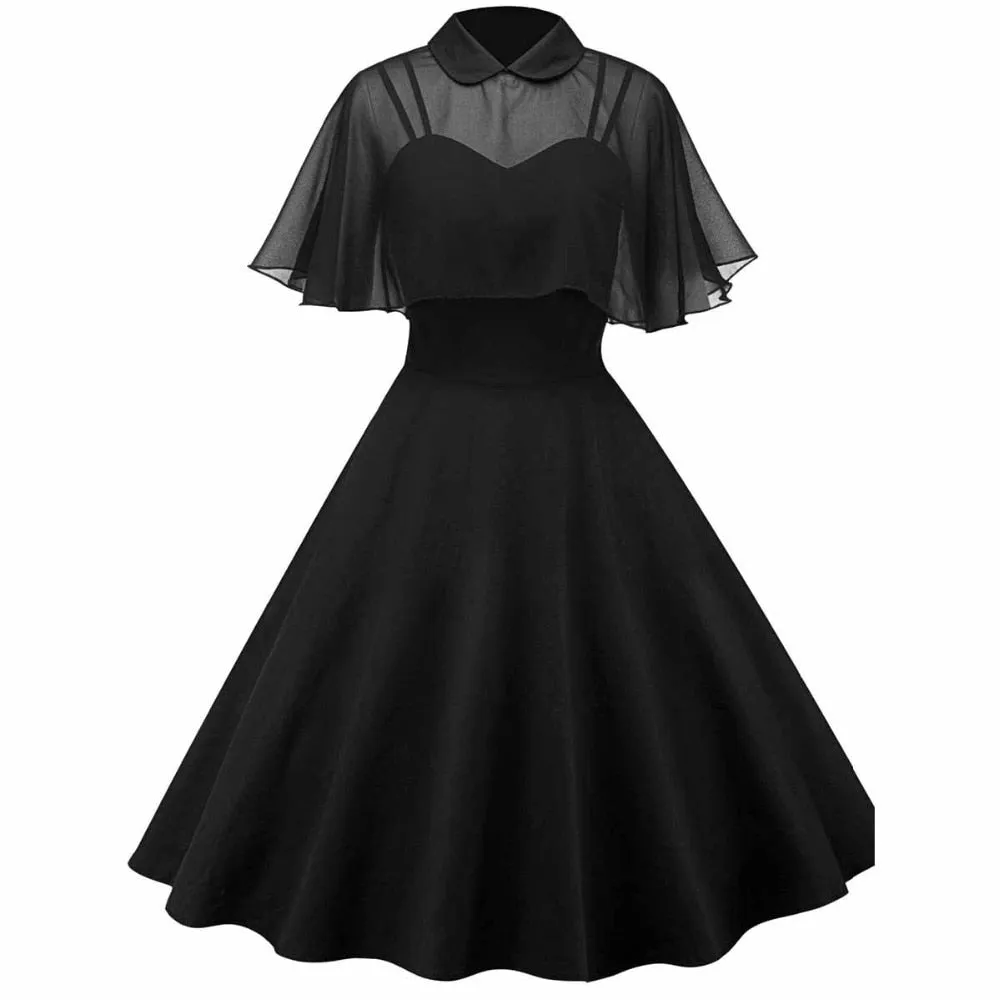 Women Vintage Gothic Cape Dress Autumn Two Piece Sheer Mesh Cape Patchwork Pleated Peter Pan Collar Elegant Retro Goth Dresses