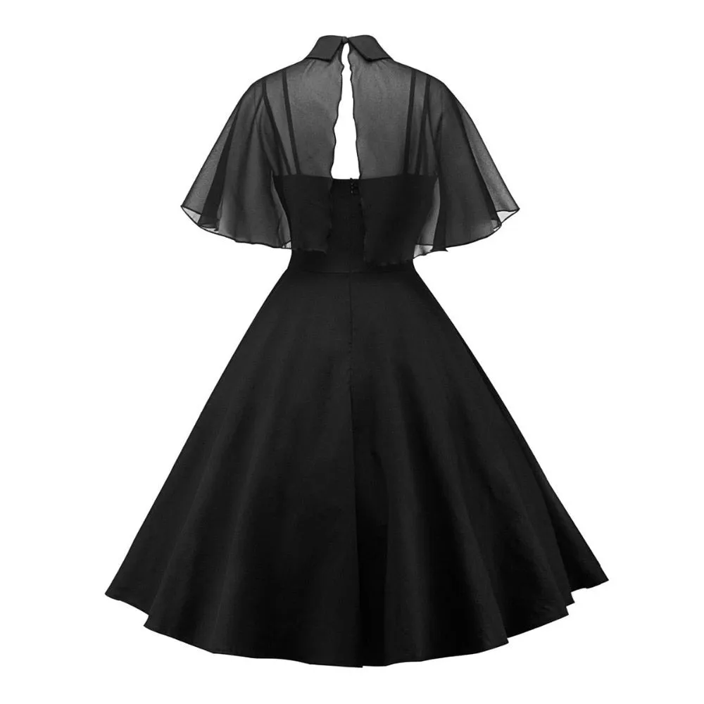 Women Vintage Gothic Cape Dress Autumn Two Piece Sheer Mesh Cape Patchwork Pleated Peter Pan Collar Elegant Retro Goth Dresses