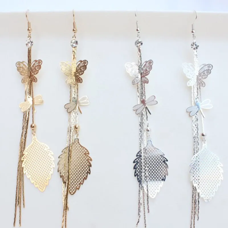 Women's Rhinestone Butterfly Dragonfly Leaf Drop Long Tassels Chain Linear Earrings Drop Earrings SM6