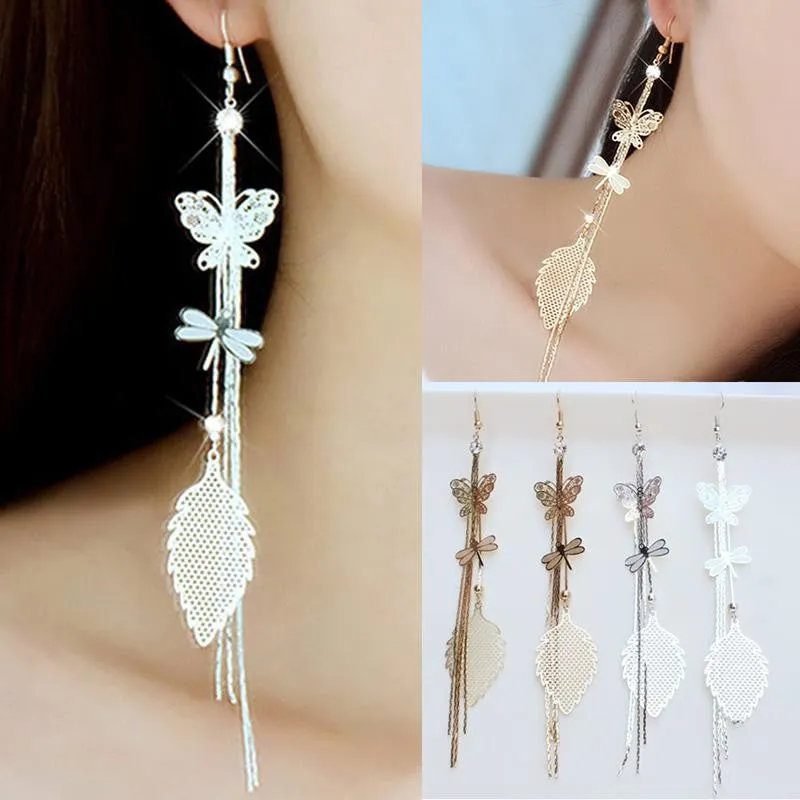 Women's Rhinestone Butterfly Dragonfly Leaf Drop Long Tassels Chain Linear Earrings Drop Earrings SM6